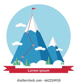 Landscape with flag on the mountain. Success in business. Vector illustration.