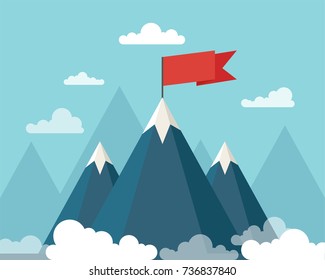 Landscape with flag on the mountain. Success concept illustration. Vector illustration.