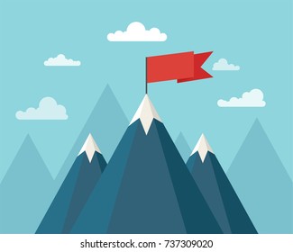 Landscape With Flag On The Mountain. Success Concept Illustration. Vector Illustration.