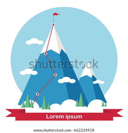 Landscape with flag on the mountain. Success in business. Vector illustration.