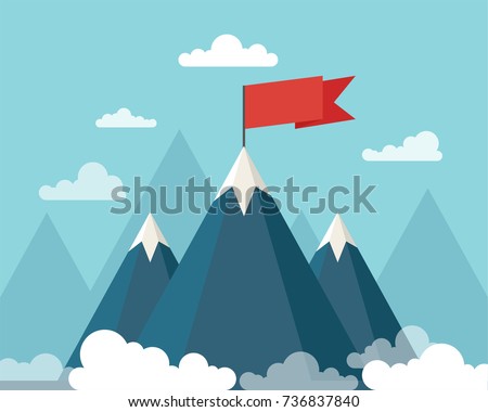 Landscape with flag on the mountain. Success concept illustration. Vector illustration.