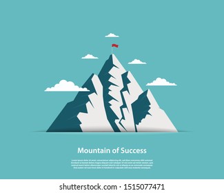 Landscape with flag on the top of mountain. Success concept. Overcoming difficulties. Achievement, Vector flat illustration
