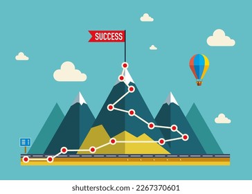 Paisaje con bandera en la cima de la montaña. Infografía del concepto de éxito de objetivos de negocio. Ilustración vectorial moderna en estilo plano