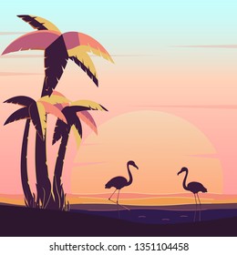 Landscape with flamingo silhouette, palms and sun. Tropics sunset.
