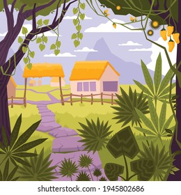Landscape flat and colored composition with house in village in the forest vector illustration