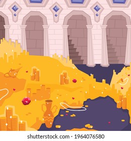 Landscape flat and colored composition with treasure room with gold and jewels vector illustration