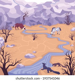 Landscape flat composition with outdoor view of drylands with dried trees and animals drinking from brook vector illustration