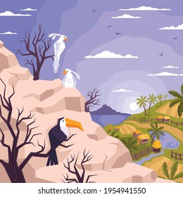 Landscape flat composition with outdoor view of mountain with sitting parrots toucan and view of village vector illustration