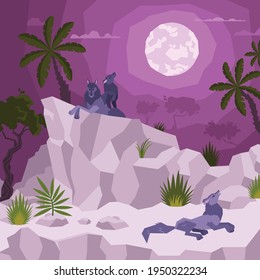 Landscape flat composition with view of tropical night with moon and palms with wolves on cliffs vector illustration