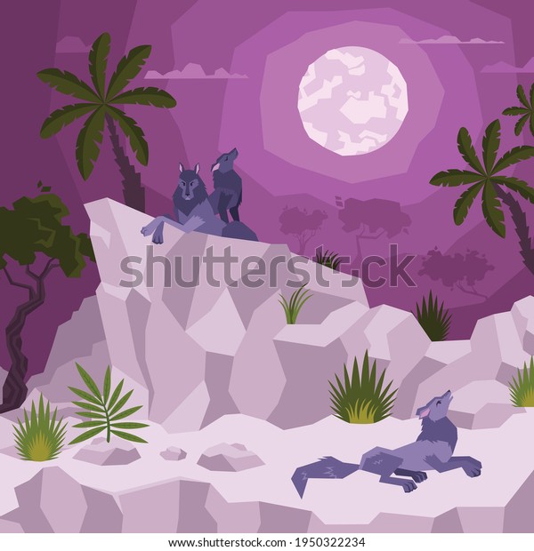 Landscape flat
composition with view of tropical night with moon and palms with
wolves on cliffs vector
illustration