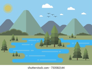Landscape flat design illustration vector. Fir-trees, sun, lake and mountains background. Editable. Suitable for wallpaper, game and graphic design industry. EPS10