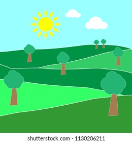 landscape flat design. sky, sun, trees, green hills. vector illustration