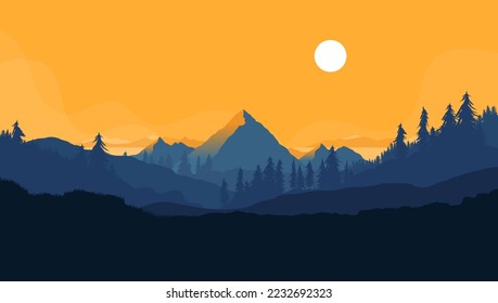 Landscape - Flat design vector illustration of nature with forest mountain and sun with orange sky and a calm tranquil mood