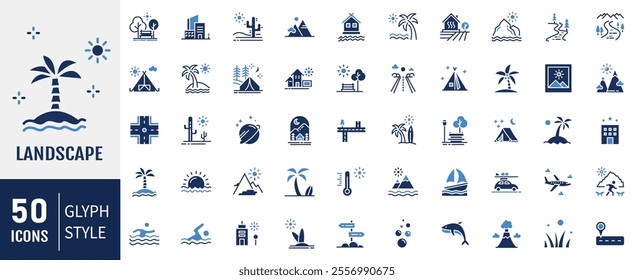 Landscape Flat Icon set. Containing Mountains, Mountains, Rivers, Camping, Pine Trees, Beach, Cliffs, Forests, Tranquil Views, Mountain Peaks. Vector Illustration