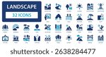 Landscape flat icons collection. River, field, island, view, sea, lake, forest, town, land, mountain, desert, waterfall, volcano sign set.