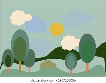 Landscape flat illustration vector trees sunny day clouds zuleny blue color background. forest landscape in the field spring summer flowing lines