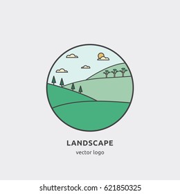 Landscape flat line logo. Vector round design concept with village view.