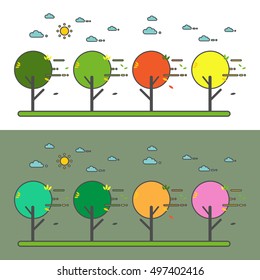 landscape in the flat linear style,Flat image of seasons: summer, spring, winter and autumn