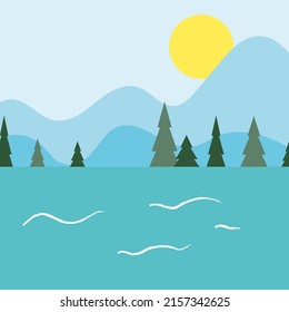 Landscape flat. Sea and mountains.