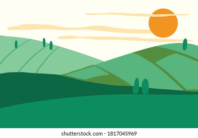 Landscape in a flat style with bright colors. The fields and the sun. Summer Vector