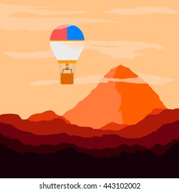 Landscape in a flat style. The mountains and the sunset. Balloon. Clouds. Vector illustration