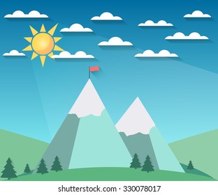 Landscape in a flat style with sun, clouds and mountains. The flag on top. Snow-covered hills. The long shadow. Vector illustration of a sunrise.
