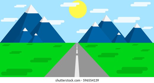 Landscape in flat style.Road in mountains(day,sun)