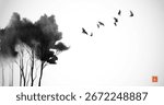 Landscape with flock of birds over the misty black trees. Traditional oriental ink painting sumi-e, u-sin, go-hua. Translation of hieroglyph - eternity.
