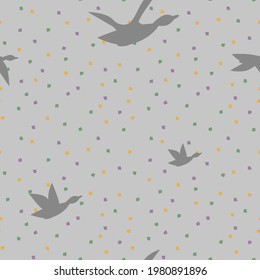 Landschaft, Vogelherde am Himmel, umgeben von Blättern, Polka-Punkten. Nahtlose Vektorgrafik in Pastellfarben auf grauem Hintergrund.