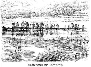 Landscape with the flood - isolated black white vector illustration stylized engraving
