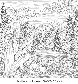 Paisagem com uma flor e um rio de montanha. Livro de colorir antisstress para crianças e adultos. Ilustração isolada no estilo background.Zen-tangle branco. Desenho da mão