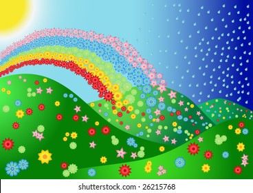 Landscape with flower and rainbow