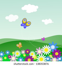 Landscape Flowers Butterflies Stock Vector (Royalty Free) 138353876 ...