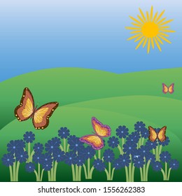 landscape with flowers and butterflies. bright sun, green hills and blue sky.