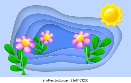 Landscape with flowers and leaves. 3d objects and layers as countryside 