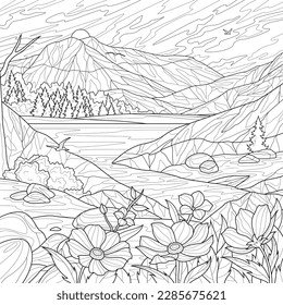 Landscape with flowers, mountains and a river.Coloring book antistress for children and adults. Illustration isolated on white background.Zen-tangle style. Hand draw