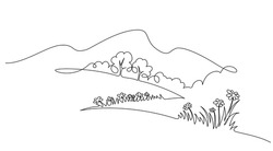 Landscape With Flowers Trees And Mountains. Single One Line Drawing Concept. Continuous Line Draw Design Graphic Vector Illustration.