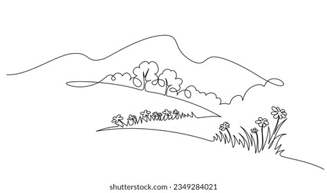 Landscape with flowers trees and mountains. Single one line drawing concept. Continuous line draw design graphic vector illustration.