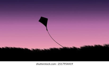 Landscape with flying kite, flat color illustration