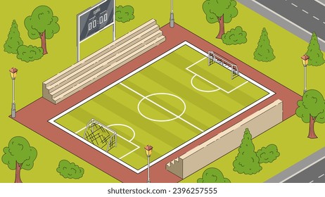 Landscape with football field. Colorful background with stands, green lawn and goal for playing football. Sports and active lifestyle. Design element for poster. Cartoon isometric vector illustration