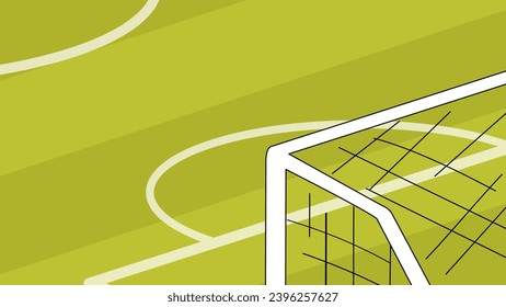 Landscape with football field. Rear view of green lawn and football goal with net. Space for sports team play. Active lifestyle and competitions. Cartoon flat vector illustration