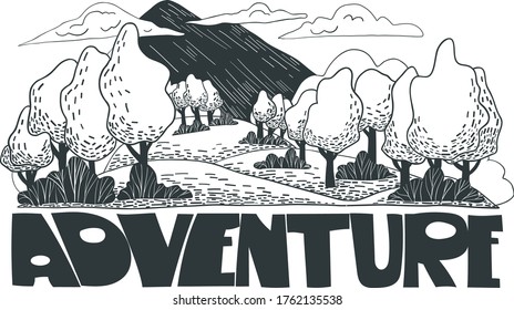 Landscape with forest against mountains in background. Location for adventure tourism, travel, backpacking. Flat vector illustration.