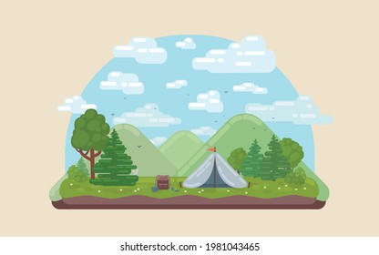 Landscape with forest campsite against mountains in background. Flat vector illustration.