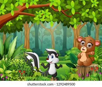 Landscape forest cartoon of green in spring with animal