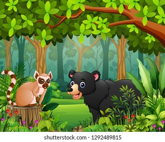Landscape forest cartoon of green in spring with animal