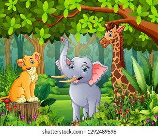 Landscape forest cartoon of green with wild animal