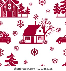 
Landscape with forest, Christmas tree farm, Christmas truck, house and snowflakes on a white background.Vector seamless pattern. New year illustration.