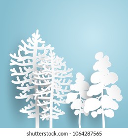 Landscape of forest concept tree on blue background and snow on leves. Merry Christmas and Happy New Year, paper art and crafts. Used for printing on book cover, magazine, card, Vector illustration.
