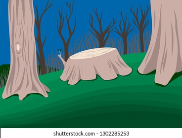 Landscape of a forest with a cut trunk in the middle. Vector illustration