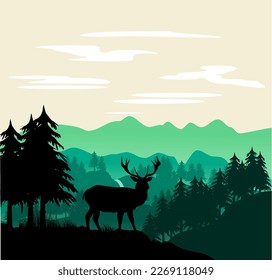 Landscape: forest with deer and meadow